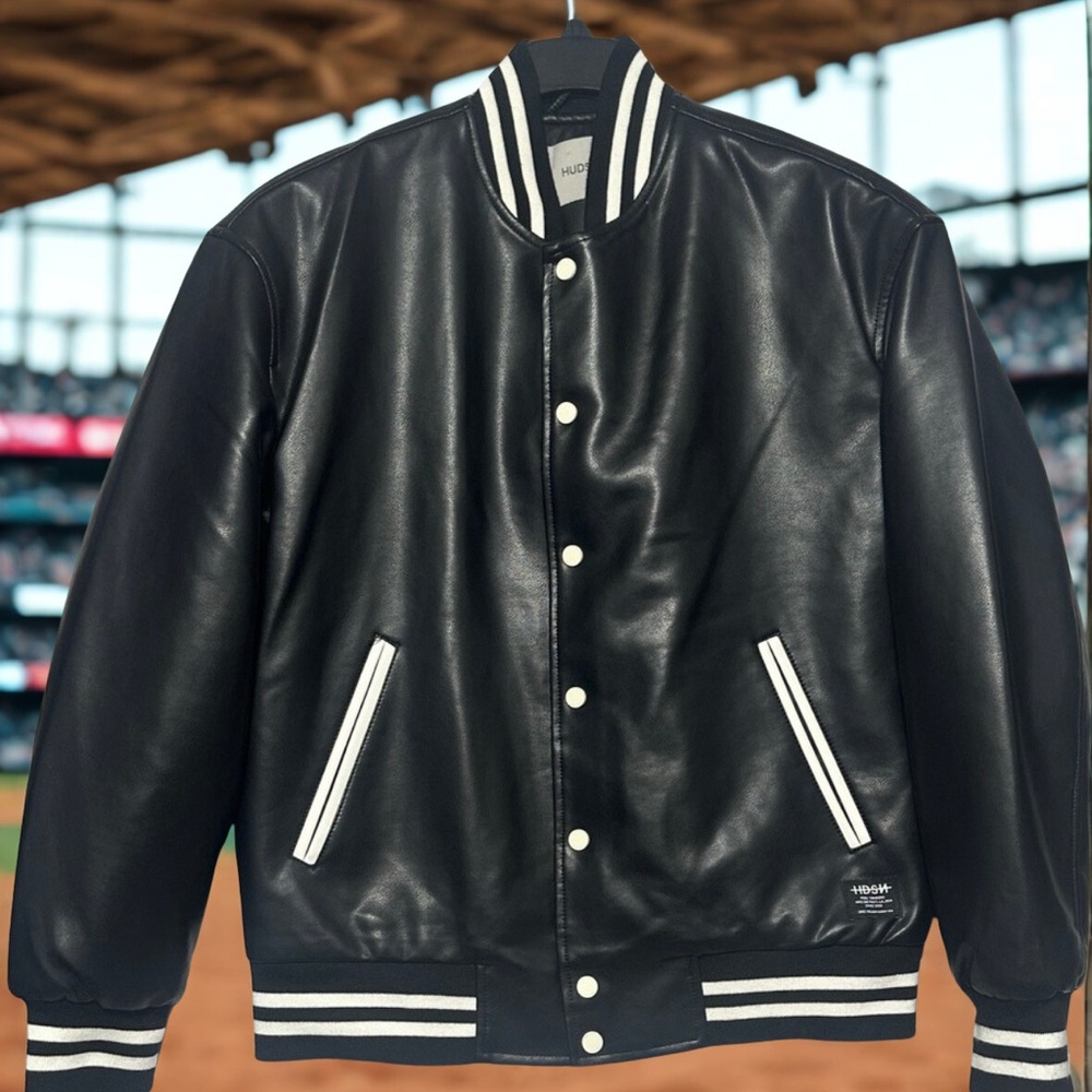 Hudson Black Leather Varsity Bomber Jacket men’s M NWT